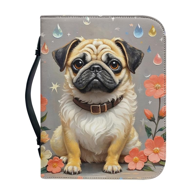 Kuiaobaty Pug Dog Book Cover Vegan PU Leather Book Carrying Cases, Painting Puppy Flowers Books Bag with Handle, Zipper, Large Size,2XL — image 1