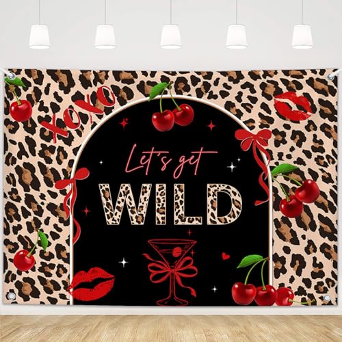 MEHOFOND Cheetah Print Lets Get Wild Birthday Backdrop Banner, Animated Red Cherry Girls Night Party Background Birthday Photo Booth Decoration for Girls 8x6ft