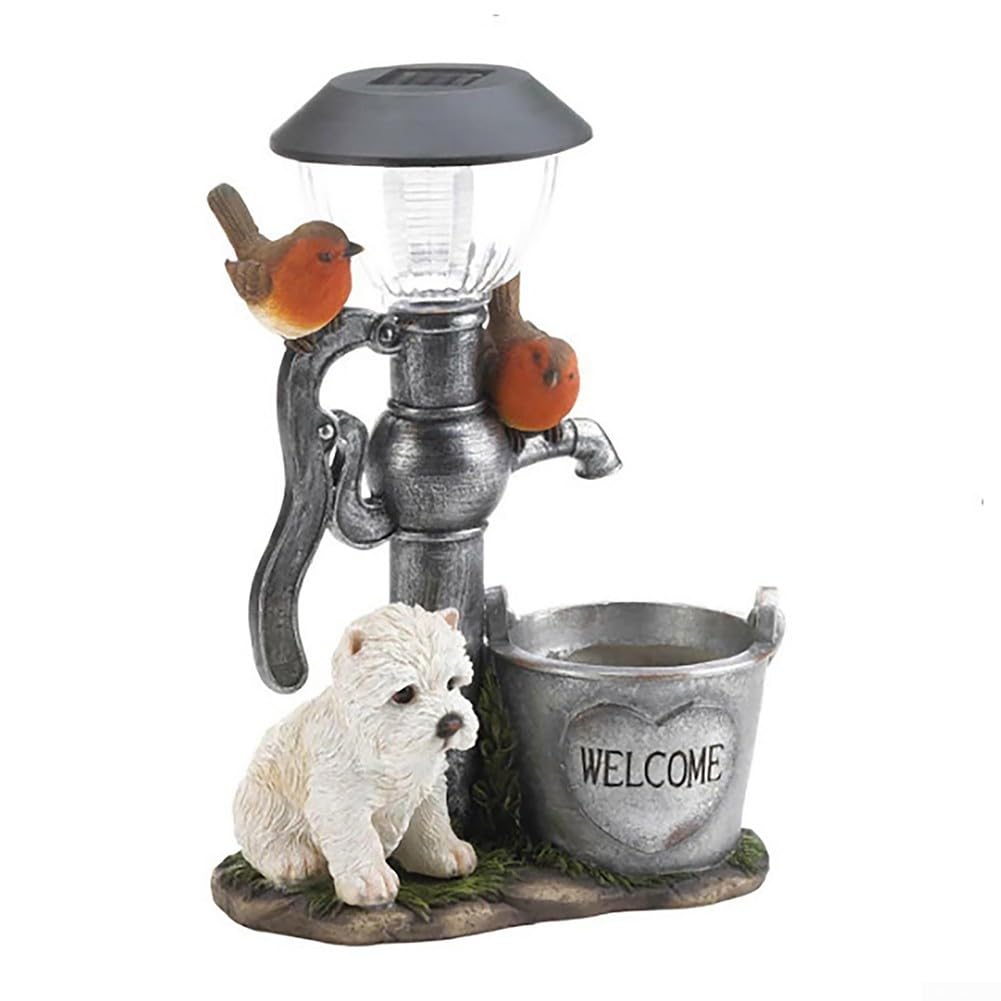 Linnkyfloa Solar Powered Dog Statue Garden Light, Resin Animal Lawn Ornament with Bird, Vibrant Outdoor Decor Yard Patio Pathway, 12x6x12cm
