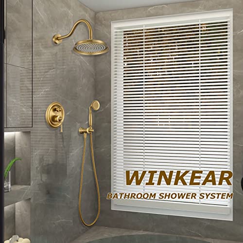 Winkear Shower System Faucet Set With Handheld Shower Bathroom Wall Mount Rough-In Valve And Water Supply Hose Included, Brushed Gold #TOP1