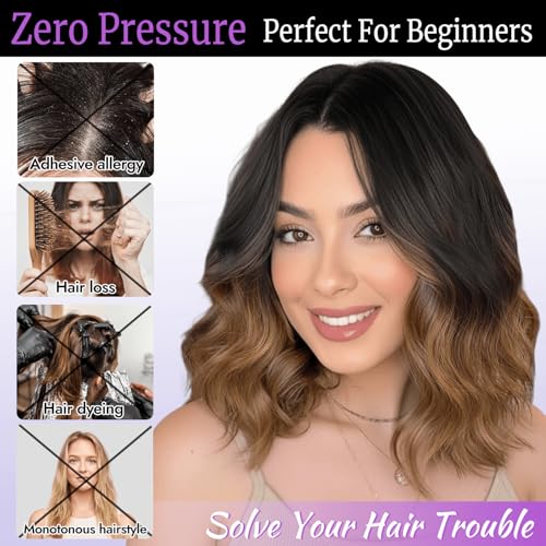Image of Eawwii Ombre Brown Short Wavy Wig for Women Lace Hairline Bob Style Synthetic Heat Resistant - Natural Appearance for Everyday Hairstyle 14 Inch | Glueless 4x1 Lace Hairline, Heat-Resistant Fiber,Bob Wave Style,Natural Appearance for Everyday Cosplay 14 Inch