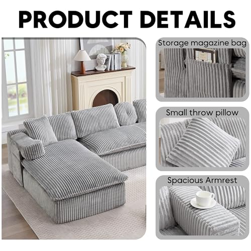 Image of Oversized Cloud Boneless Couch with Chaise, 149 inch Modern U Shape Modular Deep Seat Sectional Sofa, Comfy Corduroy Upholstered Couches for Living Room, No Assembly Required, Light Grey