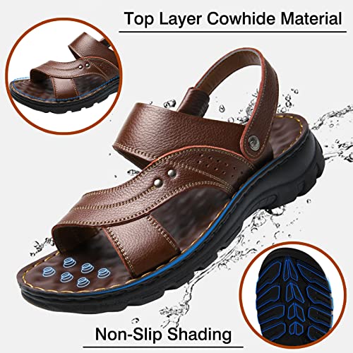 Men's Slip-On Leather Sandals - Comfortable Breathable Sports Sandals for Summer Beach Holidays(Brown,41)3