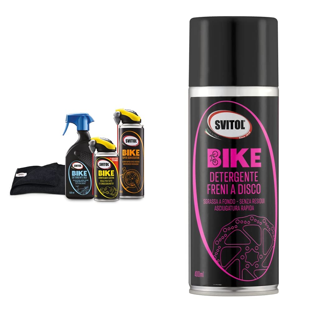 SVITOL BIKE 4375 Kit Manutenzione Bici, 1 Detergente Bici 500 ml, 1 Lubrificante Catena 250 ml, 1 Super Sgrassatore 500 ml & BIKE 4378 Detergente Freni 400 ml, Erogatore Preciso e Potente