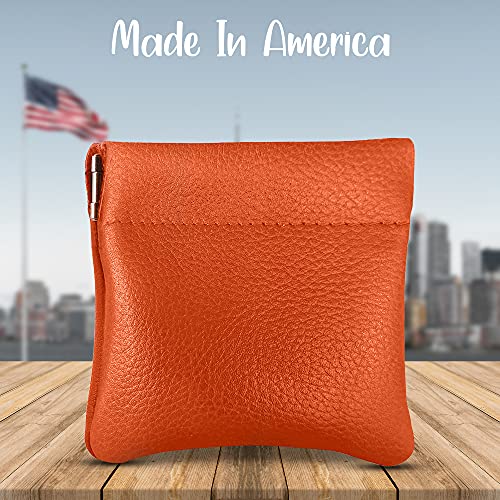 Image of Nabob Leather Genuine Leather Squeeze Coin Purse, Coin Pouch Made IN U.S.A. Change Holder For Men /Woman Size 3.5 X 3.5 (Orange)
