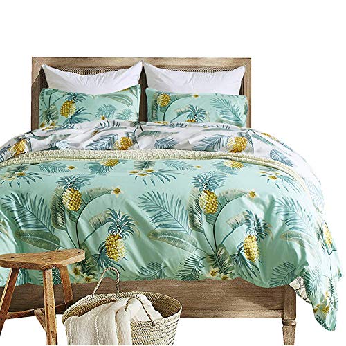 feelyou Pineapple Palm Leaves Print Duvet Cover Set Queen Bedding Set Kids Boys Girls Women Men Golden Green Polyester Comforter Cover Set Quilt Cover with 2 Pillow Shams Tropical Floral Pattern,3 Pcs