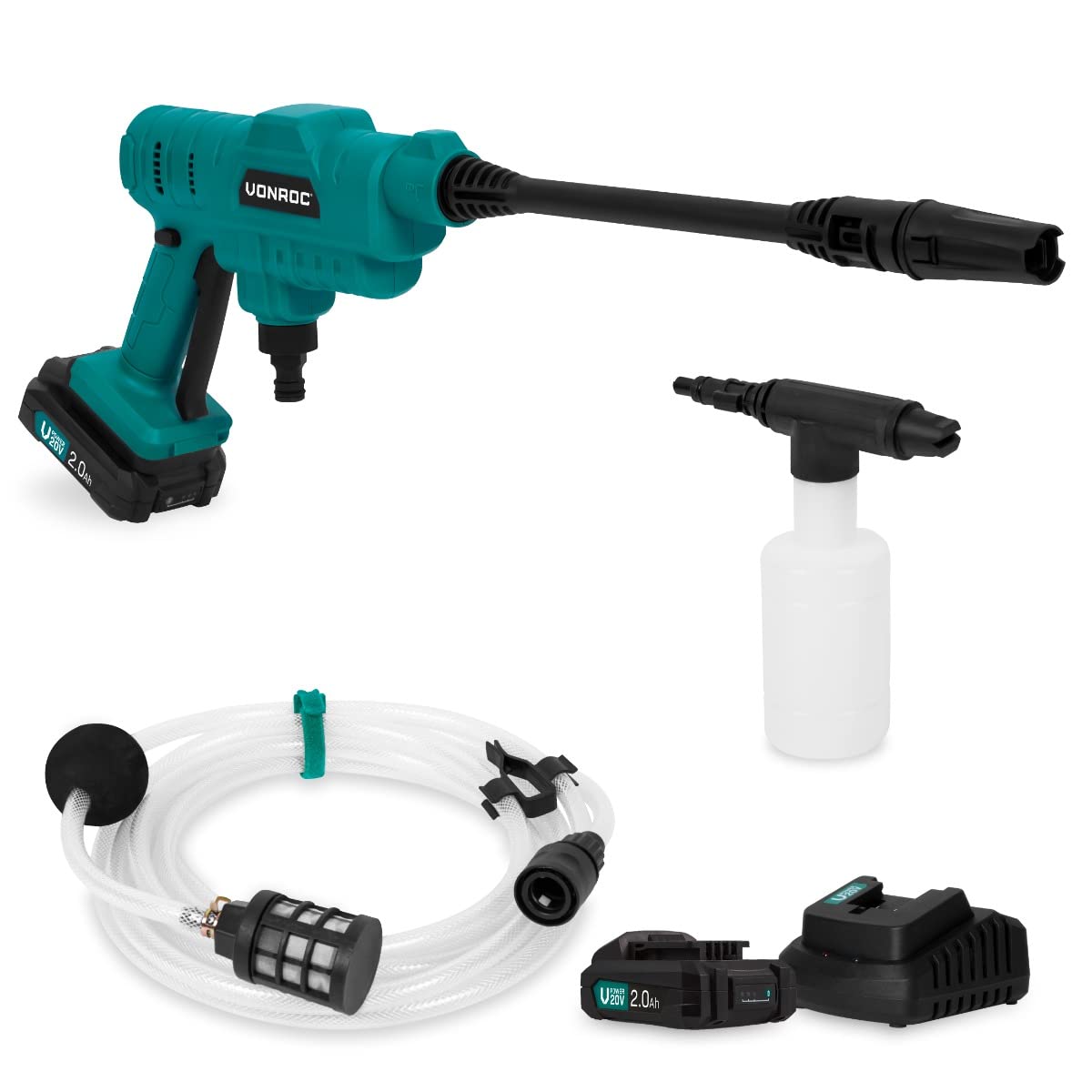 VONROC Hidrolimpiadora compacta sin cable 20V - 24bar - 198 l/h – Incl. manguera de aspiración de 5m, botella de detergente y boquilla pulverizadora ajustable – Con 2 baterías 2.0Ah y cargador rápido