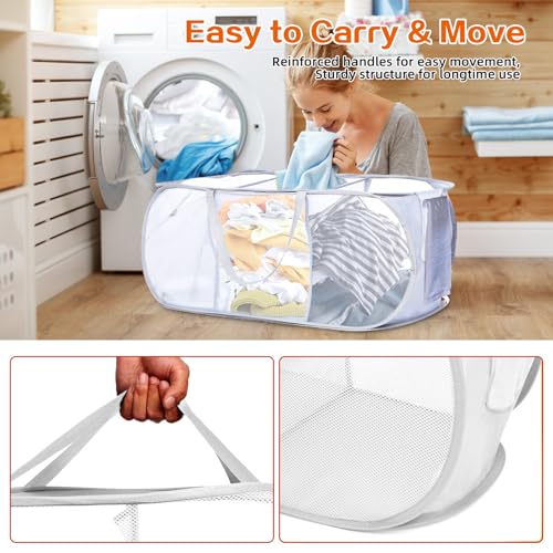 Image of Durable Collapsible Foldable Mesh Pop Up Laundry Basket, 3 Compartments Easy to Carry & Sort Clothes Hampers for Home, Dorm, Travel White (Pack of 2)