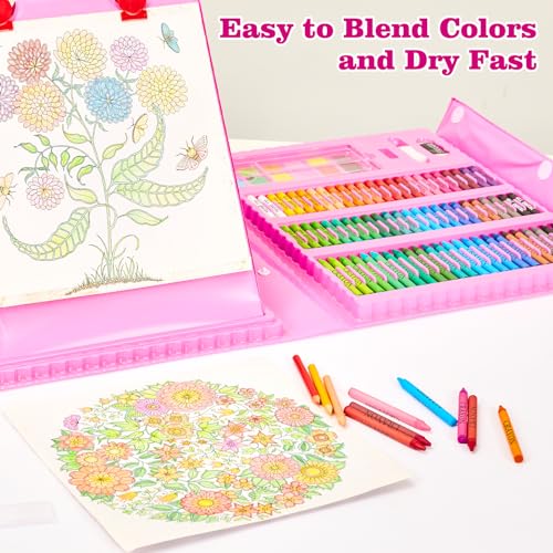 Image of KINSPORY Art Set for Kids, 290 Pack Double-Side Easel Drawing Kits (Pink) | Creative Gift, art & crafts supplies, Coloring, oil pastel, crayon, colored pencil, watercolour pen, Beginner Artist Girl Boy