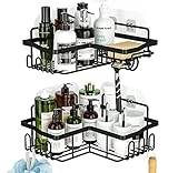 HapiRm Duschablage, Duschablage Ohne Bohren, Duschregal Ecke Schwarz Mit 11 Haken Seifenschale Und Rasiererhalter, Duschregal Edelstahl Fur Badezimmer Kuche, Duschkorb Mit 6 Klebstoff, 2 Stücke