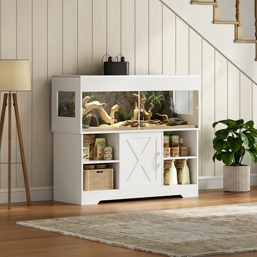 Herture Großes Terrarium mit Unterschrank 225 L, 120 x 46 x 46 cm Reptilienvivarium Holz, Terrarienschrank mit Klappdeckel, Schiebetüren, integrierter Steckdose & Stauraum für Reptilien, EPX02RTWW
