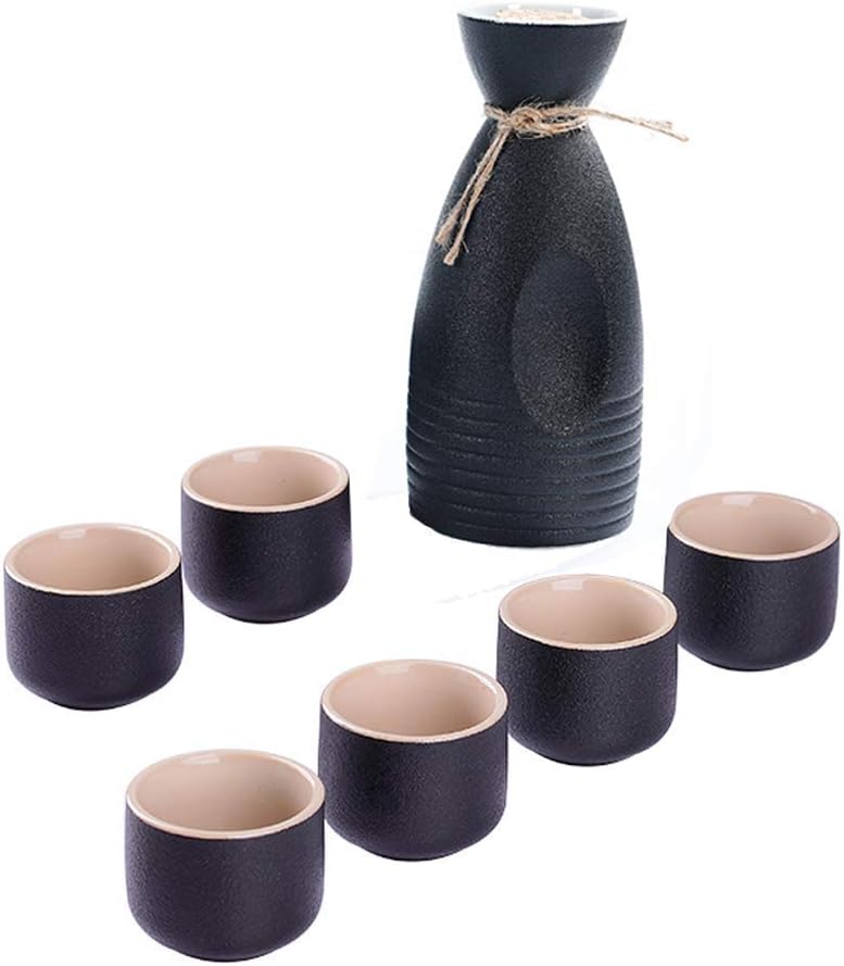 7 Pieces Sake Set, Black Glaze Ceramic Wine Glasses Set, Quaint Texture for Cold/Warm/Hot Sake/Shochu/Tea, Best Gift for Family and Friends, Tea Set