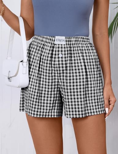 Image of LOMON Womens Boxer Shorts Casual Summer 2026 Pajama Lounge Sleep Pj Gingham Plaid Shorts Y2K Beach Bottoms
