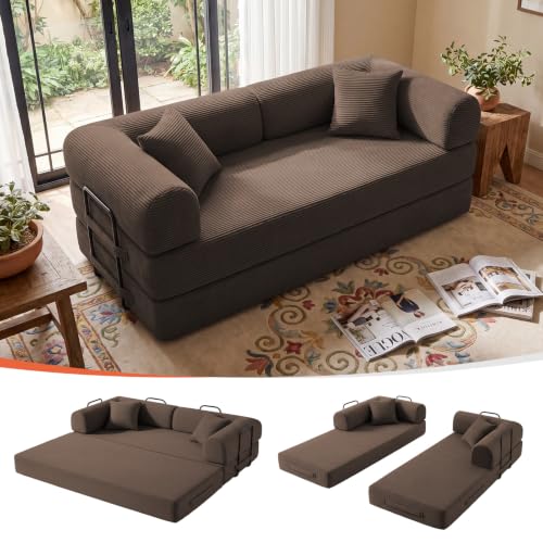KSTNLUXQ 79 Convertible Sofa Bed Boneless Couch-in-a-Box Corduroy Floor Futon Loveseat Sleeper 26 Deep Seat Removable Machine-Wash Covers No Assembly 2 Pillows Brown