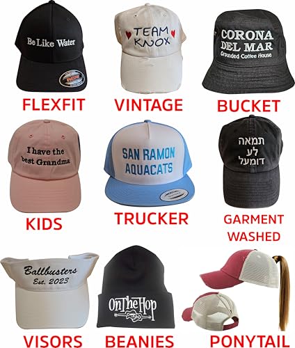 Custom Embroidered Hat for Men, Women and Kids - Front and Back. Text and Design. Fitted Cap, Beanie, Vintage Style.4