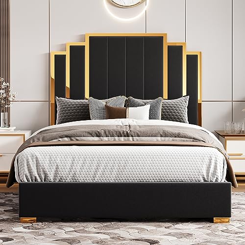 Howe 1062030100-SDA Queen Size Bed Frame And 61 Inch Headboard, Upholstered Bed With Golden Plating Trim thumb #5