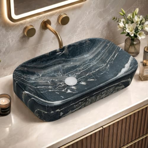 Image of Plantex Tabletop Basin for Bathroom /Ceramic Marble Wash Basin /Rectangle Countertop Hand Washbasin for Home /Office (21.5x14x5 Inch - Marble Finish)