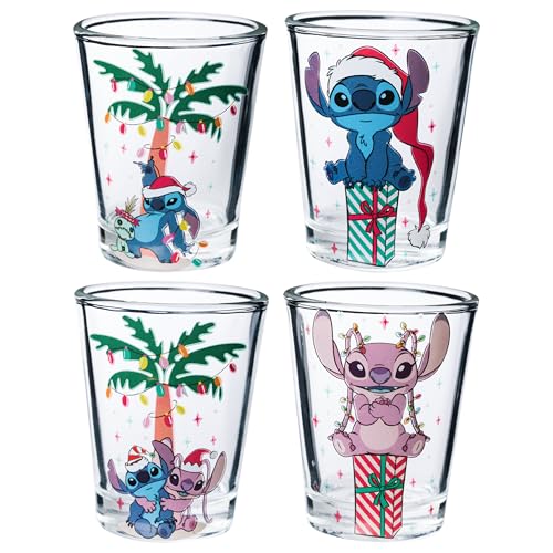 Image of Silver Buffalo Lilo and Stitch Xmas Stitch and Friends Palm Gift Set 4pc. 1.5oz. Mini Glass Set 2x2
