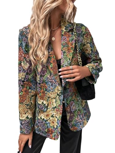 WDIRARA Women's Floral Print Lapel Neck Single Button Lightweight Jacket Blazer with Pocket