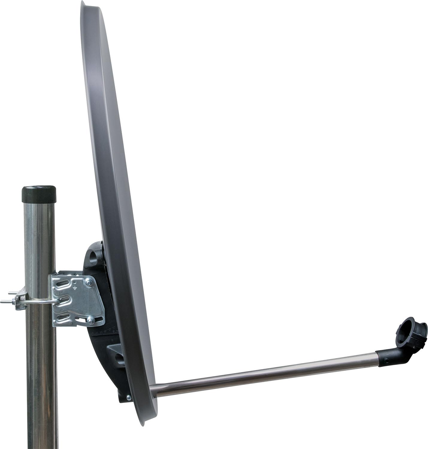 Antena para televisión digital vía satélite Schwaiger 714166 (75 x 85 cm) con brazo de carga LNB y mástil, antracita, espejo de acero – para recepción de DVB-S/S2 en Full HD, 3D y 4K (Ultra HD)