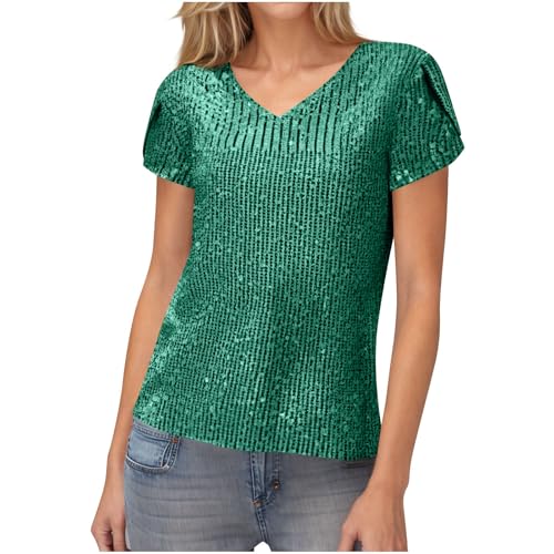 Camiseta de manga corta para mujer, cuello en V, casual, de verano, con lentejuelas, con purpurina, cómoda, para salir, básica, para vacaciones, verde, XXL