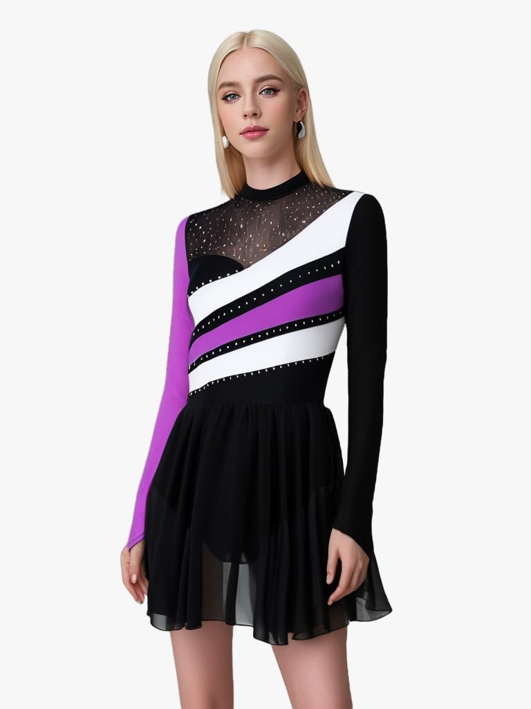 女性用アイススケートドレス 長袖 フィギュアスケートコスチューム 新体操レオタード キラキラシフォンスカート