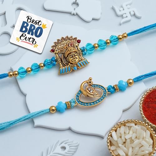 Image of eCraftIndia Shrinathji Peacock Rakhi Set of 2 | Rakhi for Brother Bhaiya Bhai with Best Bro Ever Fridge Magnet | Roli Chawal Pack