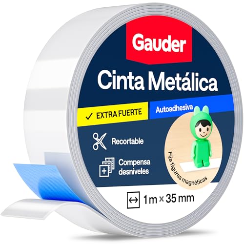 GAUDER Cinta metálica autoadhesiva - Tiras finas con adhesivo de espuma para imanes, Figuras Tonie® y estanterías - Cinta ferrosa (1 m x 35 mm)