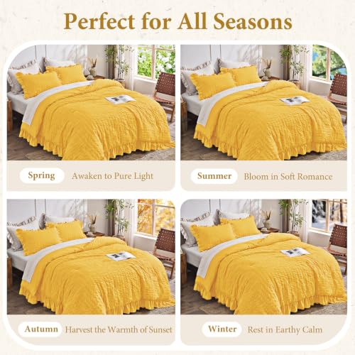 Image of JOLLYVOGUE Pumpkin Yellow Queen Comforter Set,3pcs Seersucker Bed Set | OEKO-TEX Certified, All Season, Down Alternative Fill, Lightweight Bedding Set with Ruffle Comforter & Pillowshams, Easy Care