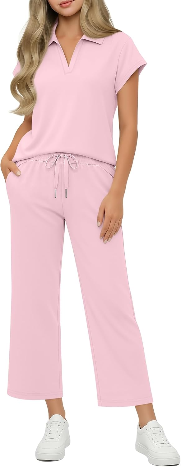 Girls' 2 Piece Outfits Clothes Short Sleeve V Neck Top Wide Leg Drawstring Pants Casual School Sets