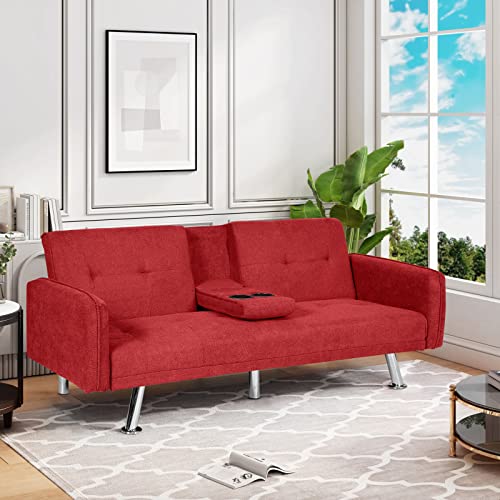 Awqm Futon Sofa Bed,Modern Upholstered Convertible Folding Sleeper Sofa,Recliner Futon Couch Bed With Armrests 2 Cup Holders,For Living Room,Apartment,72.4" L X 18.5" D X 29.9" H,Red #TOP2