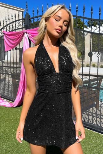 Memoriesea Women Sequin Sexy V Neck Glitter Sleeveless Party Night Out Mini Club Dress2