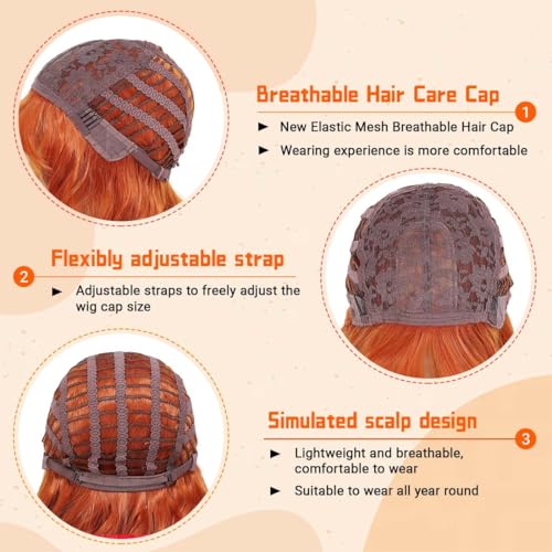 Image of Pastel Ginger Wavy Bob Wig for Women, Short Shoulder Length Synthetic Wig with Bangs, Matte Natural Realistic Look Lightweight Hairpiece, Ginger Color for Daily Wear & Cosplay Costume