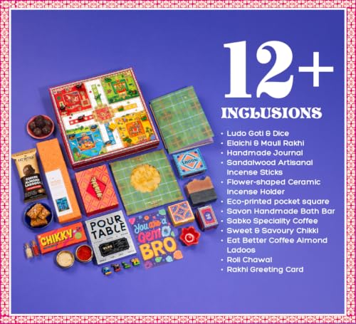 Image of Phool 13-item Ludo Rakhi Gift Hamper for Brother | Elaichi Rakhi, Coffee, Laddoo, Chikki, Soap & Ludo Game | Premium Raksha Bandhan Gift Set for Bhai rakhi gift hamper box set combo brother bhai sister