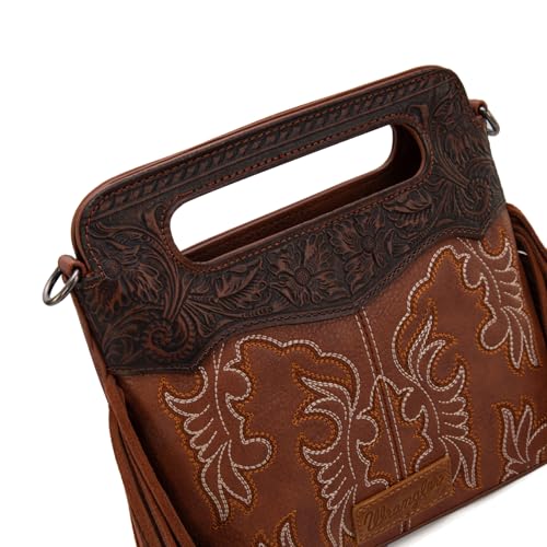 Image of Wrangler Western Handbag for Women Crossbody Bag Top Handle Shoulder Bag Embossed Cowgirl Fringe Purse
