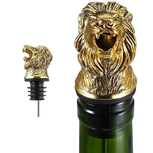 Lion Head Wine Pourer SpoutAnimals Shape Wine Pourer AeratorPerfect Festival Gift SetZinc alloy for Home and bar Animal Wine Pourer and Stopper1PcsGolden