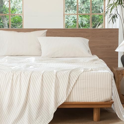 Image of MooMee Striped Sheet Set 100% Washed Cotton Linen Like King | Relaxed Linen-like Texture. Soft, Breathable & Lightweight Comfort. 15-19 inch Extra Deep Pocket with All-around Elastic