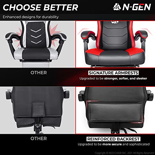 N-Gen Gaming Chair With Footrest Levelled Seat Style Pu Leather Adjustable Ergonomic Lumbar Support High Back Office Swivel Computer Desk Headrest Design E-Sports Pc Gamer Height Reclining (3. Red) #TOP3