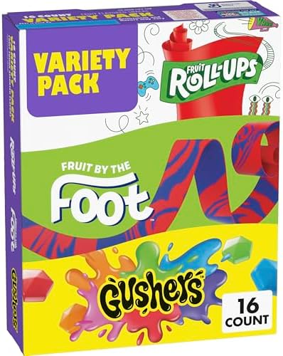 Fruit Roll-Ups, Fruit by the Foot and Gushers Fruit Flavored Snacks Variety Pack, Gluten Free, 16 Pouches, 10.2 oz