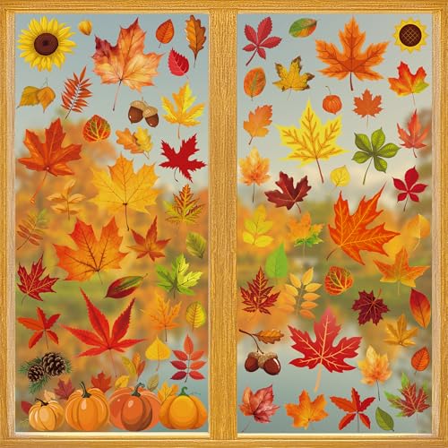 Image of 9 Sheets Fall Decorations, 274 PCS Fall Window Clings, Double Sided Autumn Stickers with Maple Leaves Pumpkin Nuts, Autumn Window Clings for Party Thanksgiving Decor Indoor Outdoor Accessories