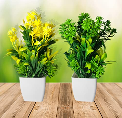 Image of Artificial Flower Plants for Home Decor - Set of 2 Mini Potted Plants in White Pots | Yellow & Green Ideal for Living Room, Office, Indoor Outdoor Decoration