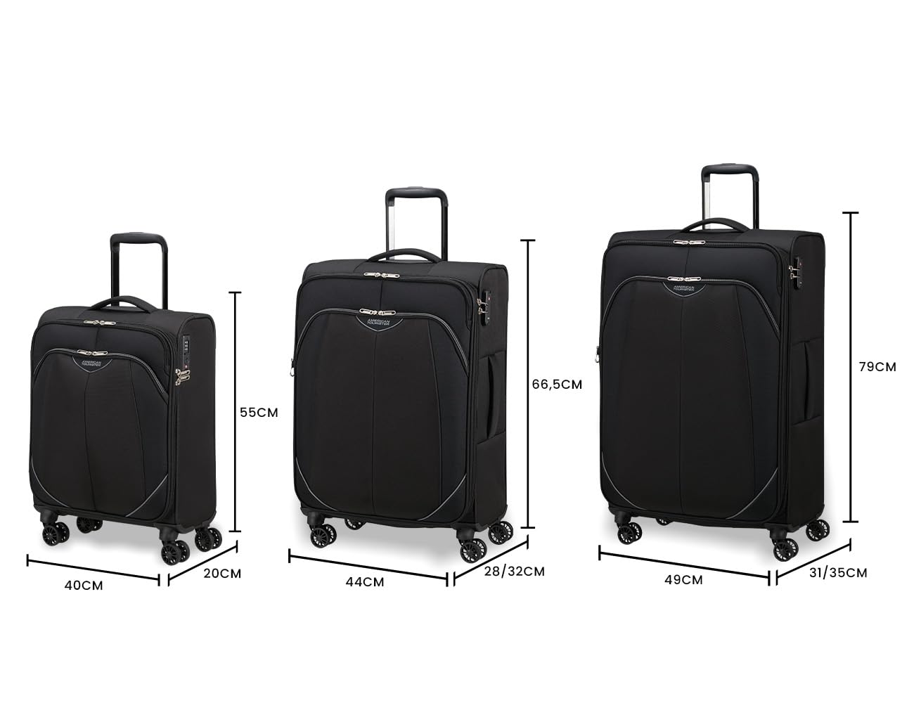 American Tourister Poproll - 3-teiliges Weichgepäck-Kofferset (Handgepäck, Mittel, Groß), Leicht - Schwarz (Black)