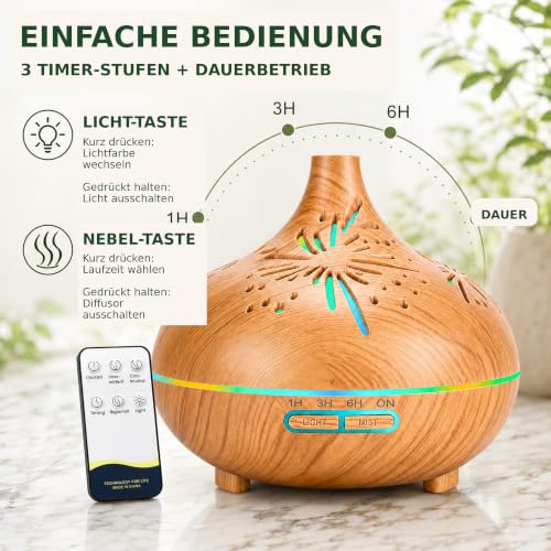 Aroma Diffuser 550ml Ultraschall Luftbefeuchter Holzoptik mit Fernbedienung, 7 LED Farben mit Dimmen & Helligkeit,Timer 1/3/6H, Aromatherapie Diffuser für Schlafzimmer, Wohnzimmer, Yoga & Büro – Bild 3