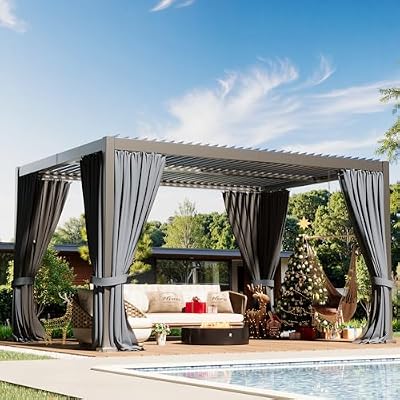 Quinora 10×13 FT Aluminum Louvered Pergola,Outdoor Metal Pergola with Adjustable Waterproof Louvered Roof, Outdoor Gazebo with Curtains & Nets for Patio,Backyard,Garden (Grey)