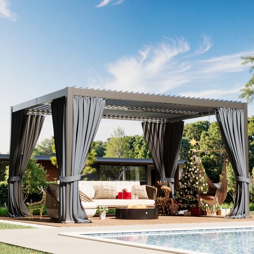 Quinora 10×13 FT Aluminum Louvered Pergola,Outdoor Metal Pergola with Adjustable Waterproof Louvered Roof, Outdoor Gazebo with Curtains & Nets for Patio,Backyard,Garden (Grey)