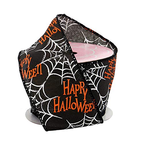 Image of Happy Halloween Spiderwebs Wired Ribbon - 2 1 /2 inch x 10 Yards, Black, Orange, White, Bows, Wreath, Party Decor, Fundraiser, School Dance, Haunted House Decoration, Trick or Treat
