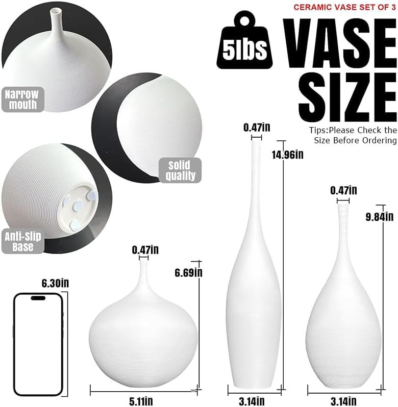 white ceramic vase set of 2, modern boho vases for centerpiece decor, matte minimalist decorative white vases home decor, for living room, bookshelf, and entryway table decor