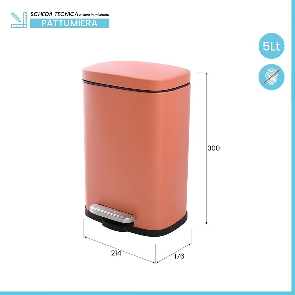 Set 2 Accessori Bagno Pattumiera 5 Litri A Pedale Con Chiusura Rallentata E Portascopino Con Ciuffo Removibile - In Acciaio Color Terracotta Opaco – Design Moderno Axin Anti-Impronta