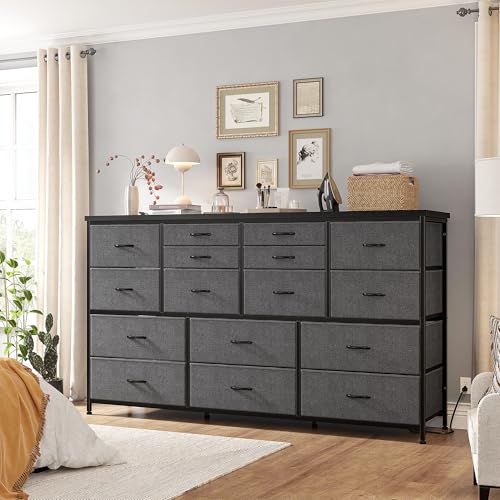 Image of 16 Drawers Long Dresser for Bedroom, 51"W Dressers with Power Outlets for 60"Inch TV for Living Room, Entertainment Center with Storage, Media TV Stand Console Table 51.1''W*11.8''D*34.8''H, Grey