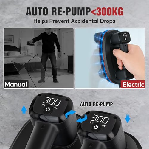 Image of 660lbs 10 inch Electric Suction Cup, Heavy Duty Dual-Motor Glass Lifter with LCD Display & Auto Suction, Battery Powered Vacuum Suction Cup Lifter for Glass, Tile, Granite, Marble & Metal Panels